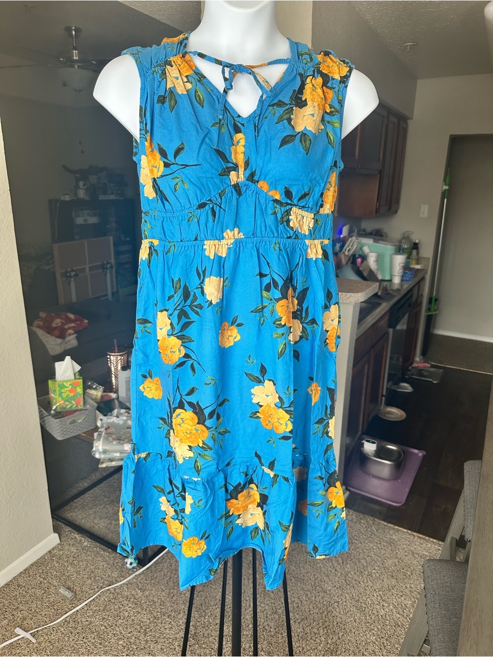Time and Tru Blue Midi Dress with Yellow Floral Print